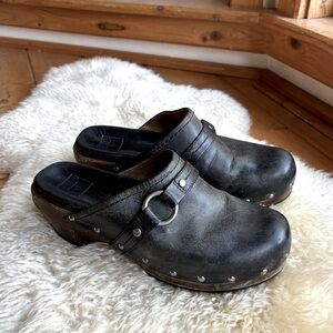Frye Charcoal Leather Mules with Silver Accents
